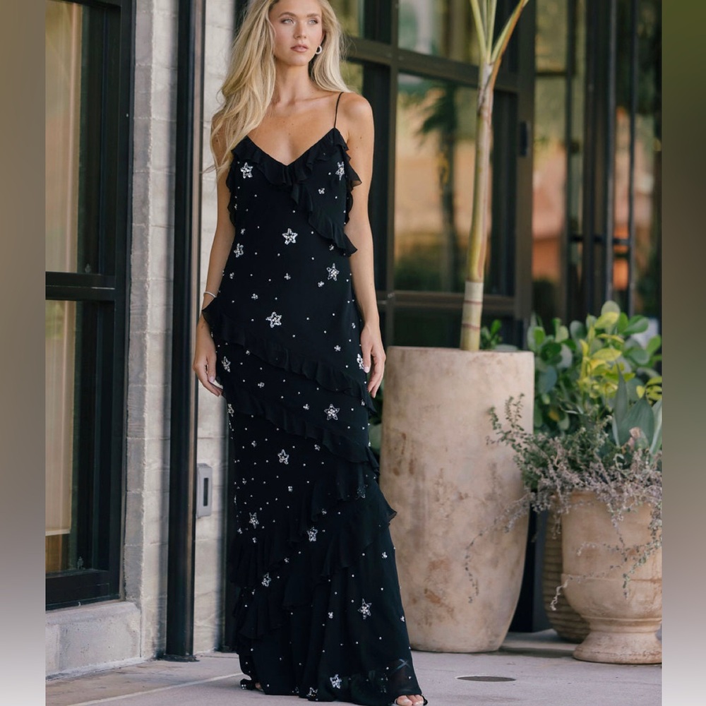 LOVESHACKFANCY Rialto Crystal Star Embellished Maxi Dress